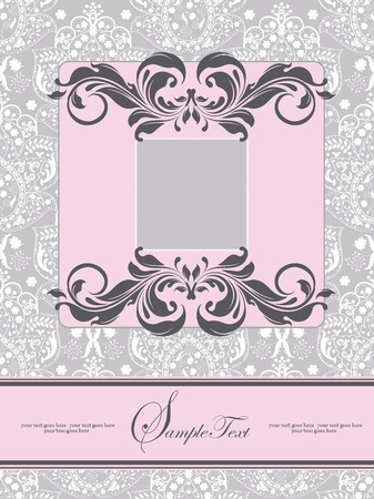 Vintage wedding invitation card with ornate elegant abstract floral design, pink and gray with ribbon. Vector illustration.のイラスト素材