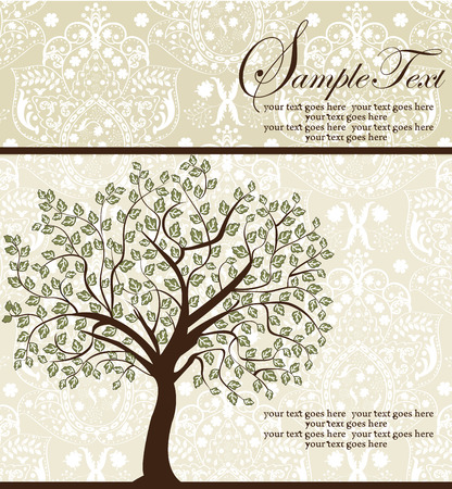 Vintage invitation card with ornate elegant abstract floral tree design, brown and white on gray. Vector illustration.のイラスト素材
