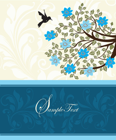 Vintage invitation card with ornate elegant abstract floral tree design, blue flowers on pale yellow with bird. Vector illustration.のイラスト素材