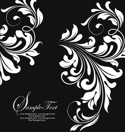 Vintage invitation card with ornate elegant abstract floral design, white on black. Vector illustration.のイラスト素材