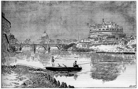 Old engraved illustration of a beautiful view of the ancient Adrian Mole, today known as St. Angel...