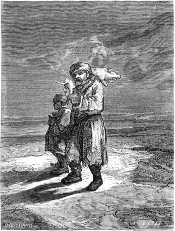 Peasant carrying a frozen piglet, vintage engraved illustration. Le Tour du Monde, Travel Journal, (1865).の写真素材