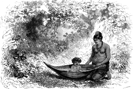 Bath in a palm spathe, vintage engraved illustration. Le Tour du Monde, Travel Journal, (1865).の写真素材