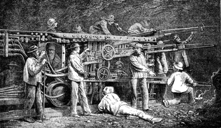 Machine used in tunneling of the Alps, vintage engraved illustration. Le Tour du Monde, Travel Journal, (1872).の写真素材