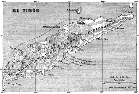 Map of Timor island, vintage engraved illustration. Le Tour du Monde, Travel Journal, (1872).の写真素材