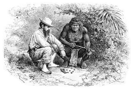 Making a Necklace in Oiapoque, Brazil, drawing by Riou from a sketch by Dr. Crevaux, vintage engraved illustration. Le Tour du Monde, Travel Journal, 1880の写真素材