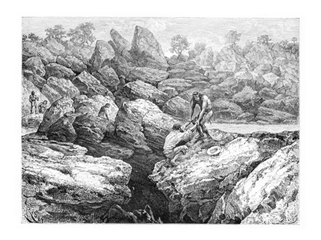 Rescued by a Native From the Edge of a Precipice in Oiapoque, Brazil, drawing by Riou from a sketch by Dr. Crevaux, vintage engraved illustration. Le Tour du Monde, Travel Journal, 1880の写真素材