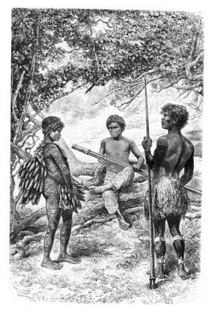 Witoto Indians of Amazonas, Brazil, drawing by Riou from a photograph, vintage engraved illustration. Le Tour du Monde, Travel Journal, 1881の写真素材