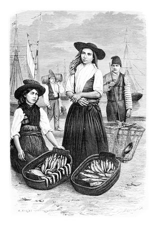 Women Fish Vendors in Lisbon, Portugal, drawing by Ronjat based on a photograph, vintage engraved illustration. Le Tour du Monde, Travel Journal, 1881の写真素材