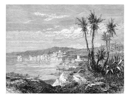 City of Sidon in Lebanon, view from the south of Syria, along the Mediterranean coast, vintage engraved illustration. Le Tour du Monde, Travel Journal, 1881の写真素材