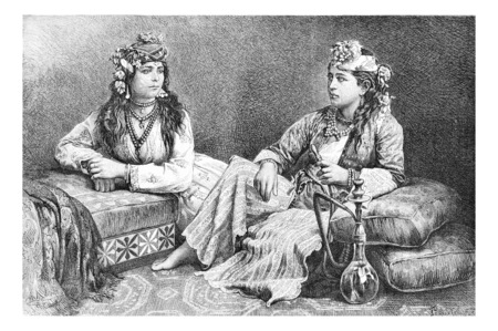 Metouali Women of Sidon, Lebanon, with hookah, vintage engraved illustration. Le Tour du Monde, Travel Journal, 1881の写真素材