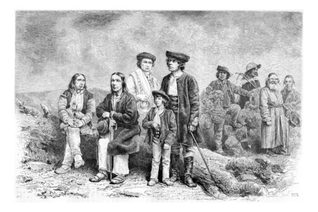 Diverse Population of Podhales of the Tatra Mountains and parts of the Beskids in Poland and Slovakia, drawing by G. Vuillier from a photograph, vintage engraved illustration. Le Tour du Monde, Travel Journal, 1881の写真素材