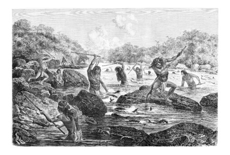 Natives Spearing Fish Trapped in the Rocks in Oiapoque, Brazil, drawing by Riou from a sketch by Dr. Crevaux, vintage engraved illustration. Le Tour du Monde, Travel Journal, 1880の写真素材