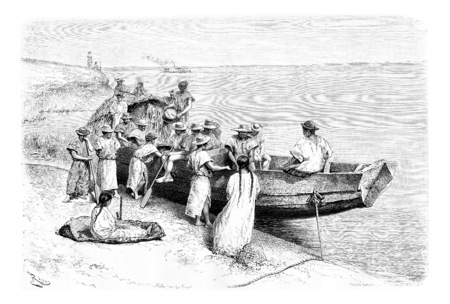Rubber Researchers Depart by Boat from a Place Near Tabatinga in Amazonas, Brazil, drawing by Riou from a photograph, vintage engraved illustration. Le Tour du Monde, Travel Journal, 1881の写真素材