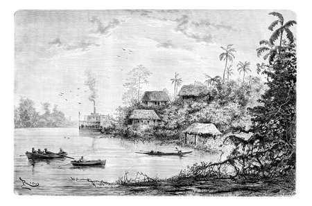 View of the Town of Cuembi along the Ica River in Amazonas, Brazil, drawing by Riou from a photograph, vintage engraved illustration. Le Tour du Monde, Travel Journal, 1881の写真素材