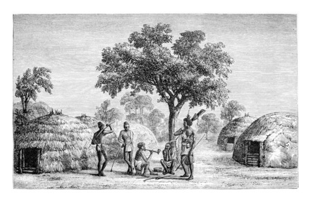 Tribesmen of Mandombe in Congo, Central Africa, drawing by Monteiro, vintage engraved illustration. Le Tour du Monde, Travel Journal, 1881の写真素材