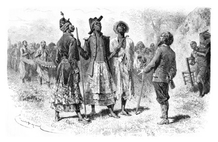 Three Princes of Dombe of the Mandombe Tribe in Congo, Central Africa, drawing by Bayard based on a sketch by Serpa Pinto, vintage engraved illustration. Le Tour du Monde, Travel Journal, 1881の写真素材