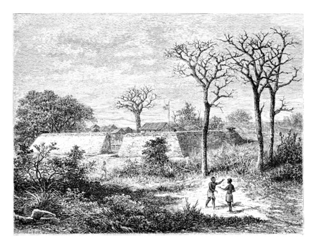 Caconda in Angola, Southern Africa, drawing by De Bar based on a sketch by Serpa Pinto, vintage engraved illustration. Le Tour du Monde, Travel Journal, 1881の写真素材