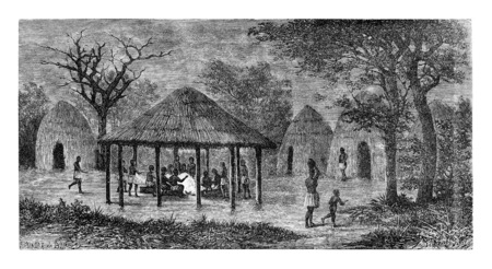 At the Tribal Meeting Place in Angola, Southern Africa, drawing by De Bar based on a sketch by Serpa Pinto, vintage engraved illustration. Le Tour du Monde, Travel Journal, 1881の写真素材