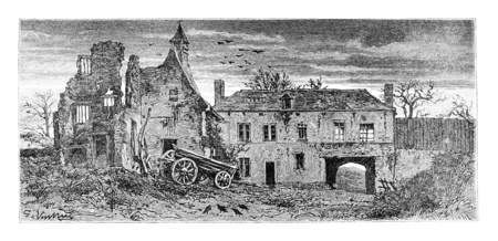 Hougomont Farm in Waterloo, Belgium, drawing by Vuillier based on a photograph, vintage illustration. Le Tour du Monde, Travel Journal, 1881の写真素材