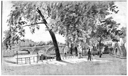 The Pont-Royal seen from the right bank, near the baths Vigier, vintage engraved illustration. Paris - Auguste VITU â 1890.の写真素材