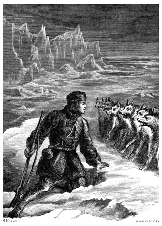 On ice with wolves, pale with terror, he takes a moment off, vintage engraved illustration. Journal des Voyage, Travel Journal, (1880-81).の写真素材
