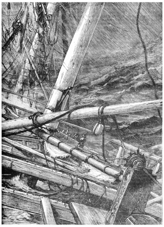 Sinking in the Southern Ocean, Alone on board, vintage engraved illustration. Journal des Voyage, Travel Journal, (1880-81).の写真素材