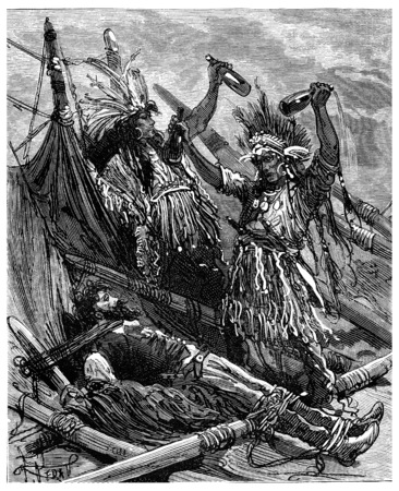 The father of medicine, absolutely drunk, came to insult the Canadian, vintage engraved illustration. Journal des Voyage, Travel Journal, (1880-81).の写真素材