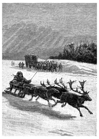These sleigh drawn by three reindeer, vintage engraved illustration. Jules Verne Cesar Cascabel, 1890.の写真素材