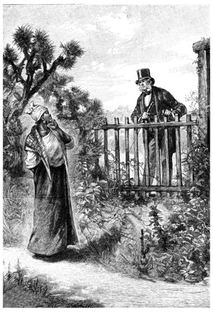 William Andrew talking to her over the fence, vintage engraved illustration. Jules Verne Mistress Branican, 1891.の写真素材