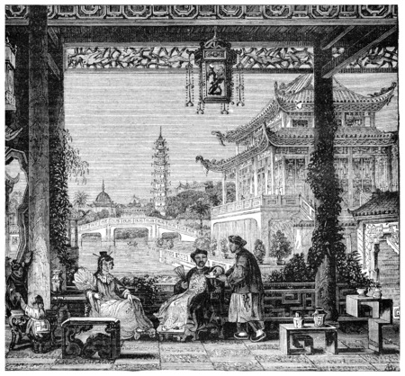 Inside the house of a mandarin, vintage engraved illustration. Industrial encyclopedia E.-O. Lami - 1875.のeditorial素材