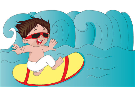 illustration of boy enjoying on surfboard.のイラスト素材
