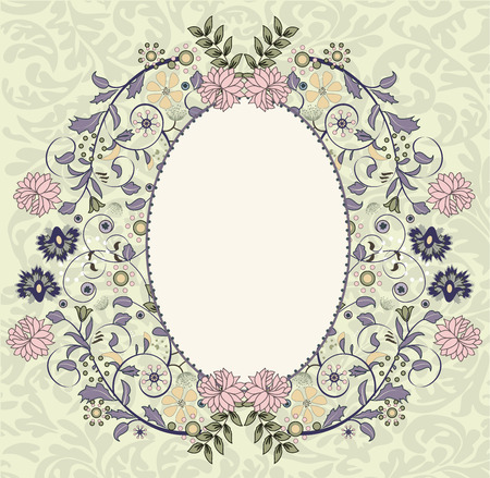 Vintage wedding invitation card with ornate elegant retro abstract floral design, multi-colored flowers on green. のイラスト素材