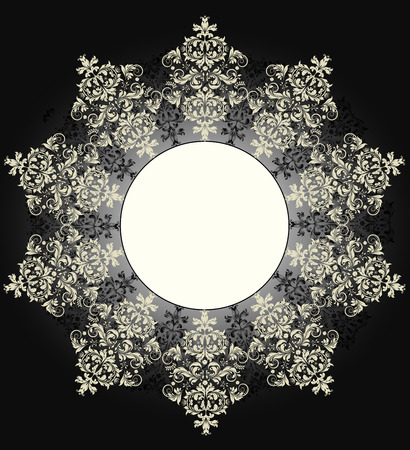 Vintage invitation card with ornate elegant abstract radial floral design, pale yellow and gray on black with glow. Vector illustration.のイラスト素材