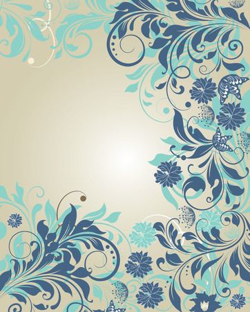 Vintage invitation card with ornate elegant retro abstract floral design, azure and light blue flowers on gray. Vector illustration.のイラスト素材