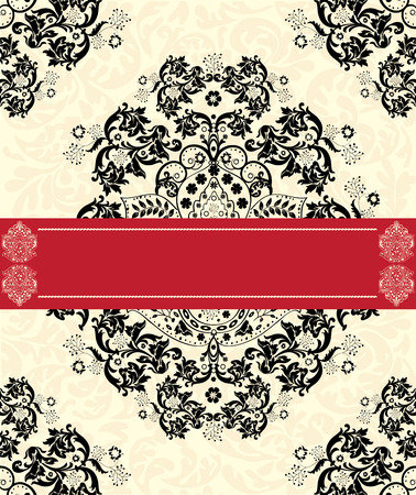 Vintage invitation card with ornate elegant abstract floral design, black on pale yellow with red ribbon. Vector illustration.のイラスト素材