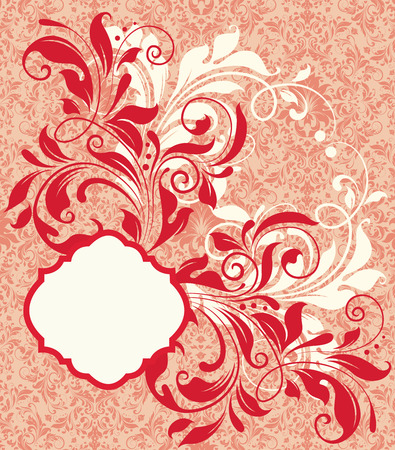 Vintage invitation card with ornate elegant retro abstract floral design, fire engine red and white flowers on pale copper and light orange background. Vector illustration.のイラスト素材