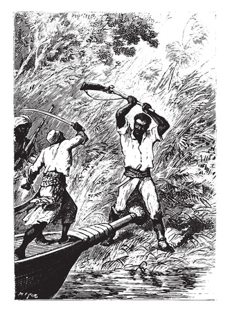 But giant fair turn his gun like a club, vintage engraved illustration.のイラスト素材