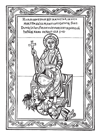 Christ conquered death with this inscription, vintage engraved illustration. Industrial encyclopedia E.-O. Lami - 1875.のイラスト素材
