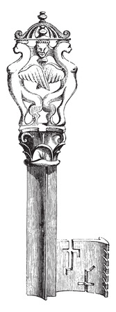 Key thirteenth century with two figures backed chimeras, vintage engraved illustration. Industrial encyclopedia E.-O. Lami - 1875.のイラスト素材