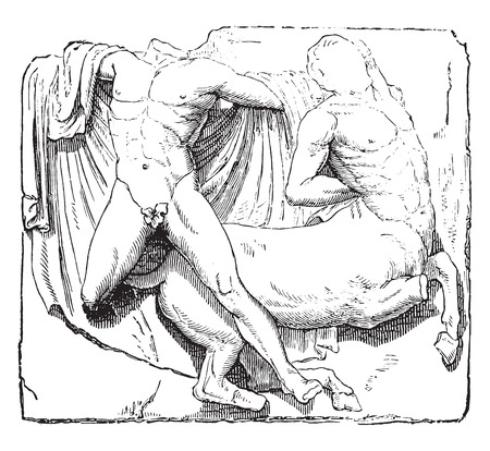 Theseus and the Minotaur, Metope of the Parthenon, vintage engraved illustration. Industrial encyclopedia E.-O. Lami - 1875.のイラスト素材