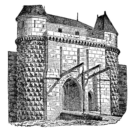 Fortified gate with drawbridges, vintage engraved illustration. Industrial encyclopedia E.-O. Lami - 1875.のイラスト素材