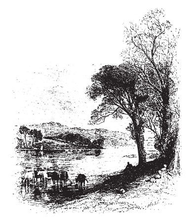 The edges of River Necker, vintage engraved illustration. From Chemin des Ecoliers, 1861.のイラスト素材