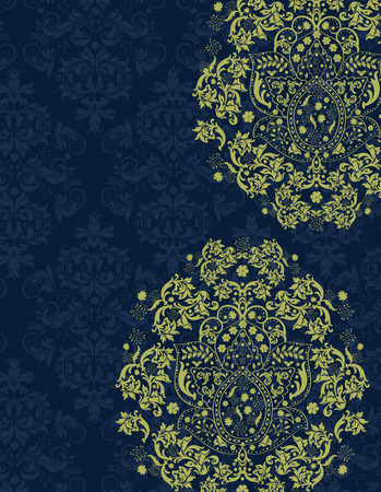 Vintage invitation card with ornate elegant retro abstract floral design, yellow green flowers and leaves on midnight blue background with text label. Vector illustration.のイラスト素材