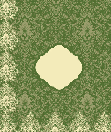 Vintage invitation card with ornate elegant retro abstract floral design, yellow and grayish green flowers and leaves on green background. Vector illustration.のイラスト素材