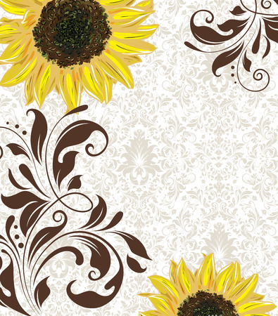 Vintage invitation card with ornate elegant retro abstract floral design, yellow orange and brown flowers and leaves on light gray background with text label. Vector illustration.のイラスト素材