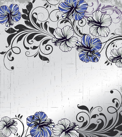 Vintage invitation card with ornate elegant retro abstract floral design, blue and gray flowers and leaves on scratch textured light gray background with text label. Vector illustration.のイラスト素材