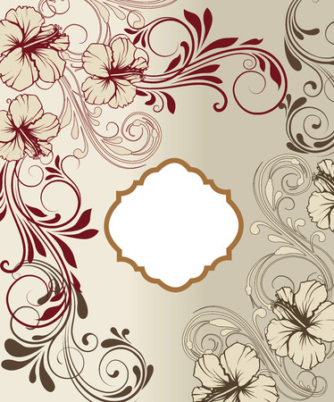 Vintage invitation card with ornate elegant retro abstract floral design, dark red and light brown flowers and leaves on light gray background with plaque text label. Vector illustration.のイラスト素材