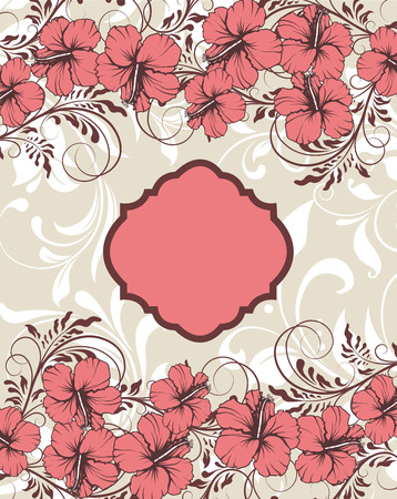 Vintage invitation card with ornate elegant retro abstract floral design, pink flowers and leaves on light gray and white background with plaque text label. Vector illustration.のイラスト素材