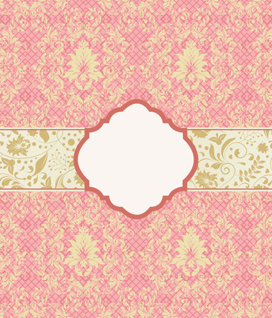 Vintage invitation card with ornate elegant retro abstract floral design, gold flowers and leaves on light coral pink mesh background with plaque text label. Vector illustration.のイラスト素材
